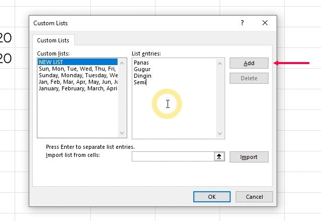 Klik tombol Add di jendela Custom Lists di Excel | Excel untuk pemula | belajarkomputer.org