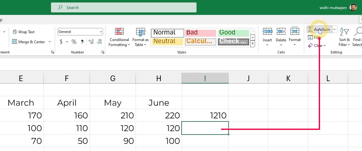 Pilih sel di sebelah datanya lalu klik pada perintah AutoSum | Excel untuk pemula | belajarkomputer.org